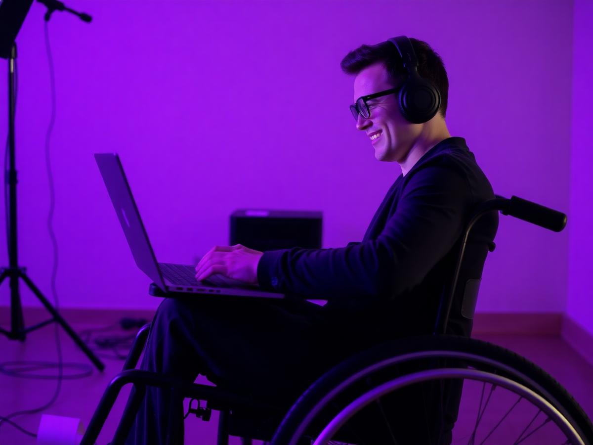 Young wheelchair user coding on a laptop bathed in purple studio light
