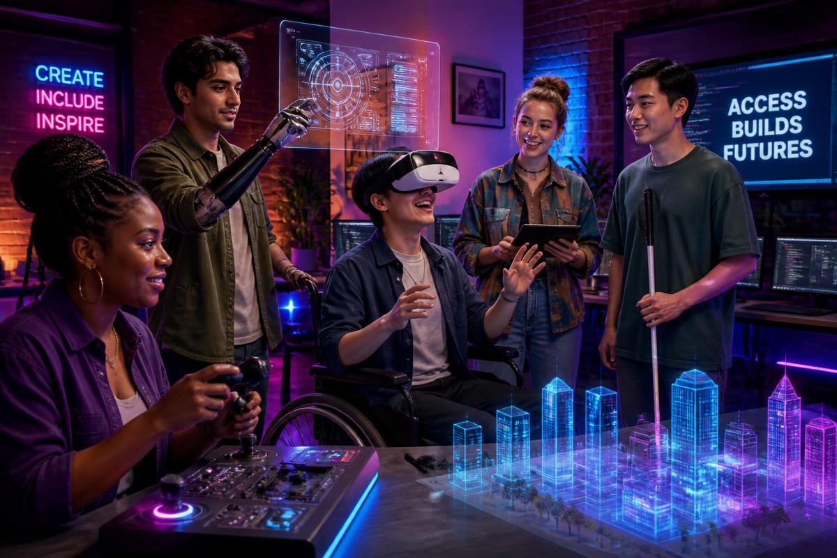 Disabled makers exploring VR and spatial interfaces in an indigo-lit studio