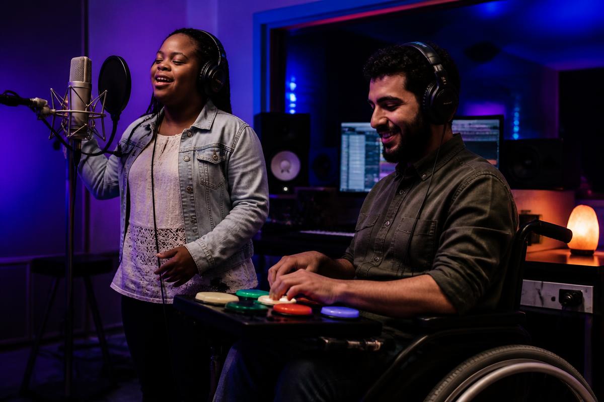 Young disabled makers creating sound and music in an adaptive studio